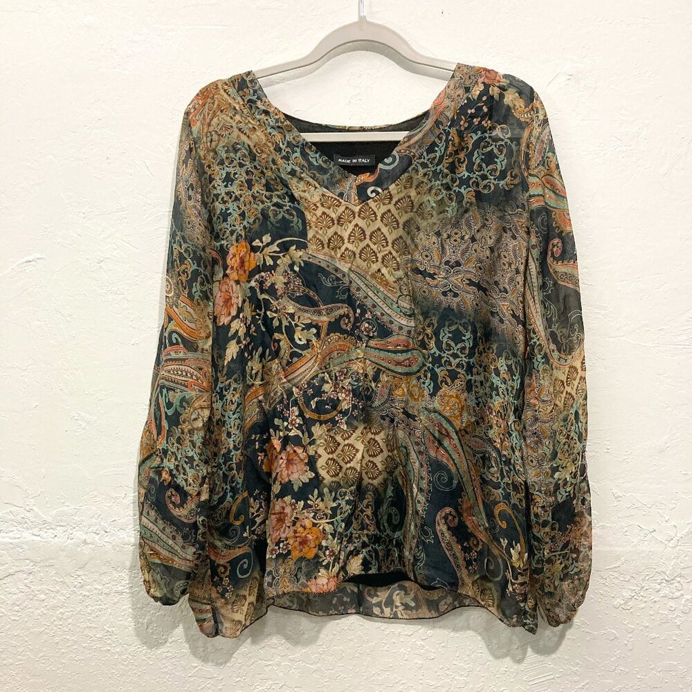 Made in Italy Long sleeve Top Sheer Silk? Blouse Floral Paisley Brown Lined